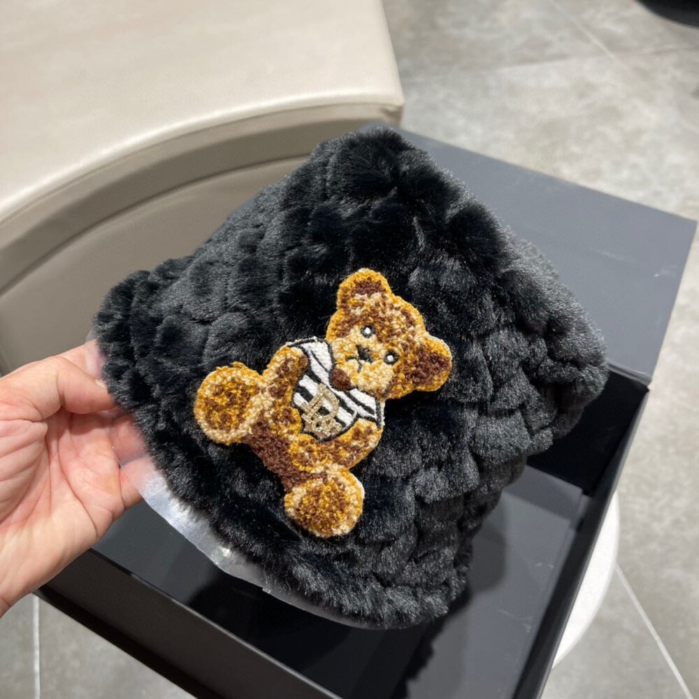Dior Teddy Bear Embroidered Black Faux Fur Bucket Hat - Picture 5 of 7